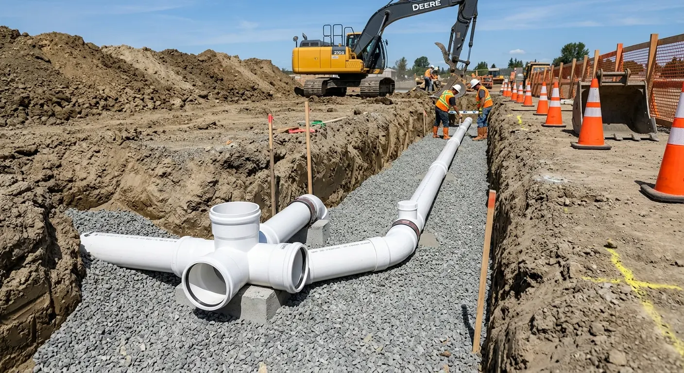 New PVC sewer pipe installation in open trench for Sewer Backup in Silverdale