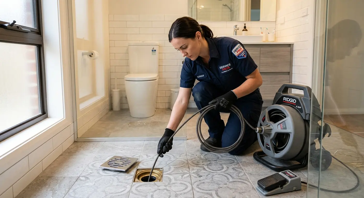 Technician clearing a bathroom floor drain for Clogged Drain Repair in Silverdale